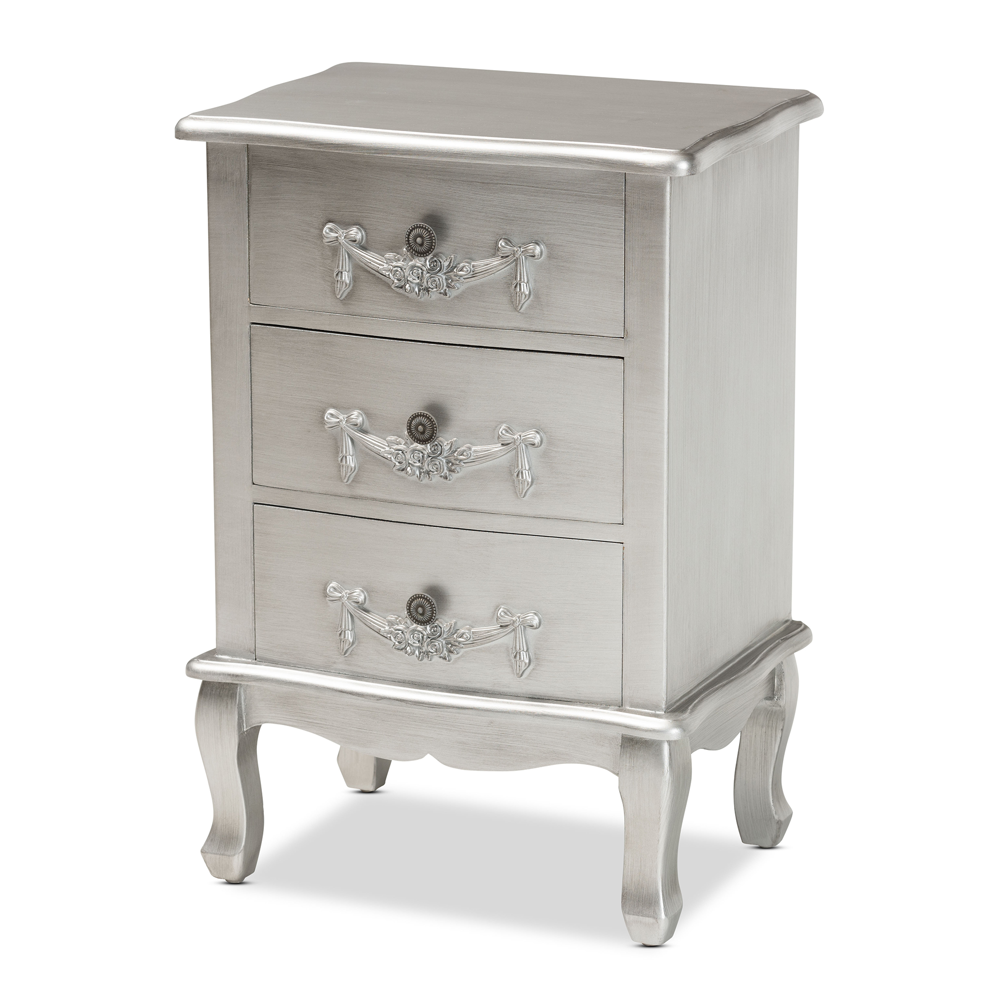 Baxton Studio Callen Classic and Traditional Brushed Silver Finished Wood 3-Drawer End Table